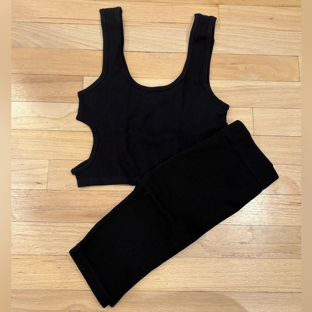 Zara Black Ribbed Top and Shorts Set